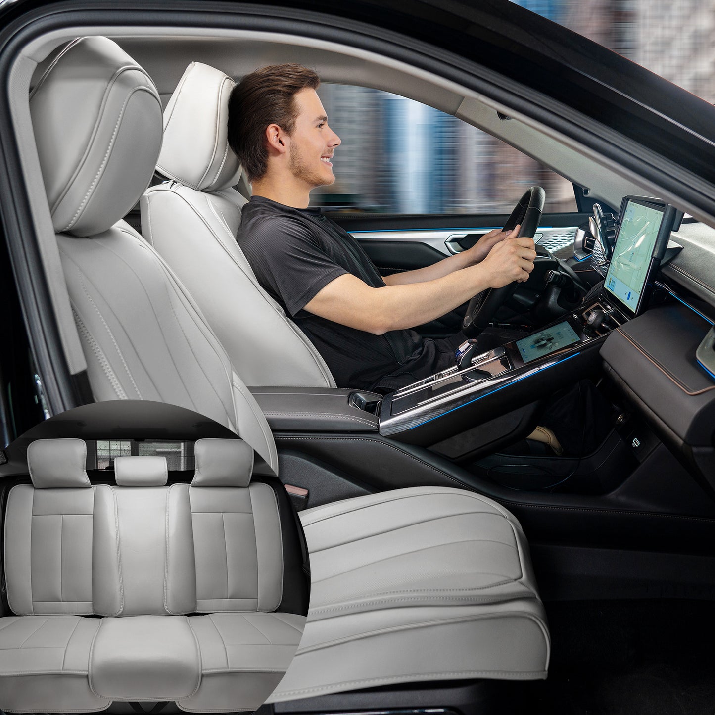 Universele Autostoelhoezen – Zittinghoezen – Stoelhoezen – Beschermhoezen – Autostoelbekleding – Grijs Kunstleer – Airbag Compatibel – Ademend & Waterafstotend
