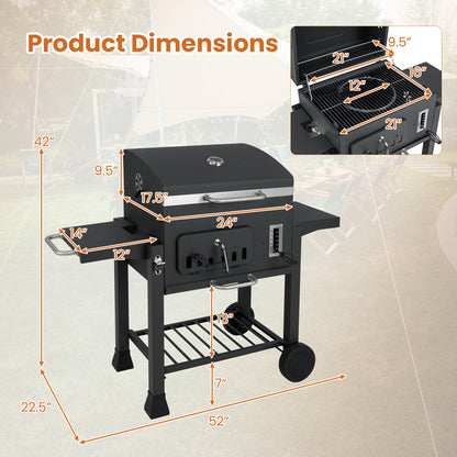 Houtskoolbarbecue – Barbecue Grill – Buitenkeuken – Buitenbarbecue – Kolengril – 24 Inch Grilloppervlak – 6-Stand Instelbare Kolentrog – Met Opvouwbare Zijtafels en Wielen