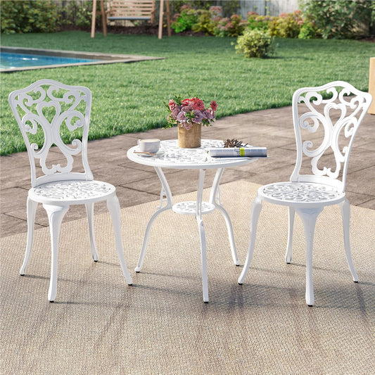3-delige Tuinset – Bistroset – Balkonset – Terras Meubels – Patio Stoelen – Weerbestendig Aluminium – Stabiel Met Parasolgat – Wit