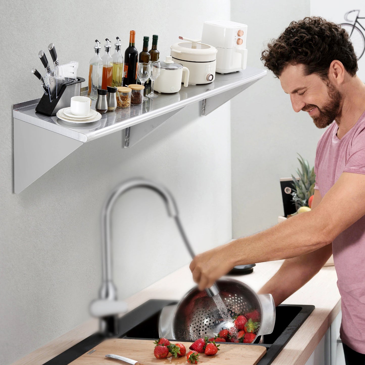 Roestvrijstalen Wandrek – Wandplank – Keukenrek – Opbergrek – Muurrek – 180 cm Breed – Draagvermogen 227 kg – Roestvrij Staal – Geborstelde Afwerking