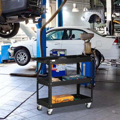 Werkplaatswagen – Gereedschapswagen – Werkbankwagen – Trolley – Opbergrek – Stalen 3-Planken Karren – Max. Belastbaar 150 Kg – Zwart Met Handvat Op Wielen 83x35,3x76 cm