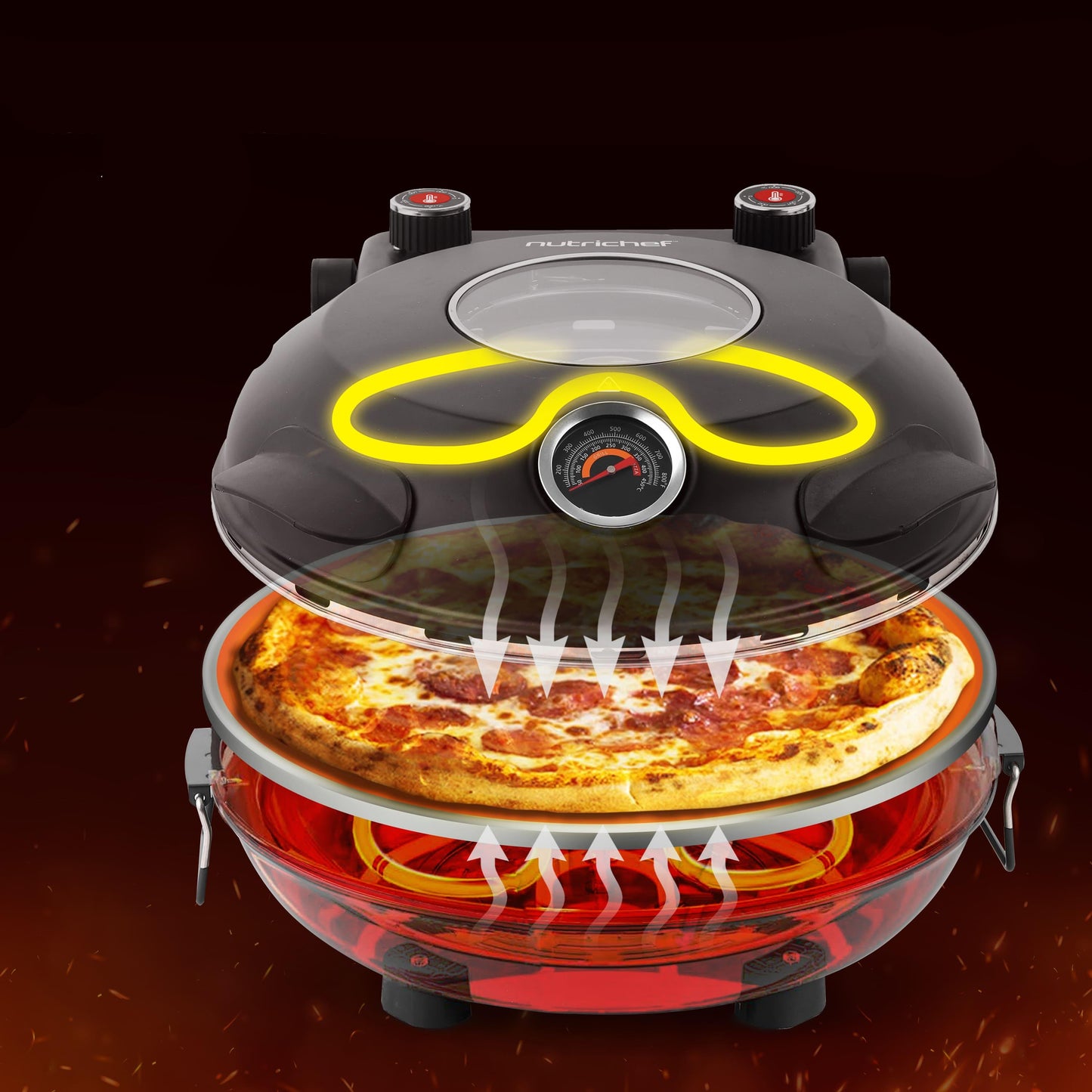 Pizzaoven – Elektrische Oven – Pizzamaker – Pizza Bakoven – Compacte Mini Oven – Tot 425°C Temperatuur – 1200 Watt Vermogen – Zwart
