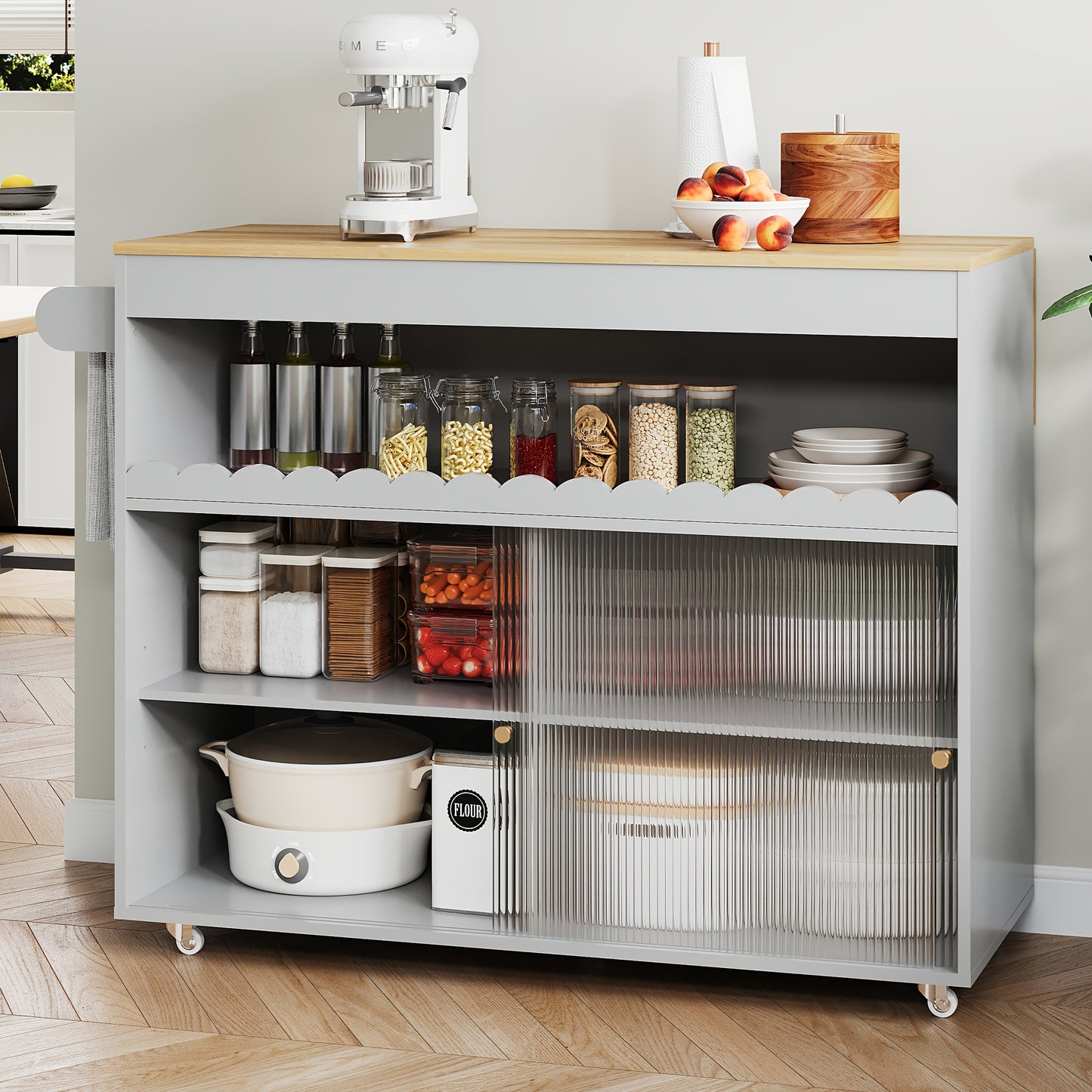 Keukeneiland – Keukentrolley – Buffetkast – Sideboard – Opbergkast – Grijs – Schuifdeur en Mobiel op Wieltjes – Ruime Opbergruimte met Open Vakken