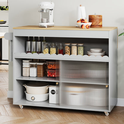 Keukeneiland – Keukentrolley – Buffetkast – Sideboard – Opbergkast – Grijs – Schuifdeur en Mobiel op Wieltjes – Ruime Opbergruimte met Open Vakken