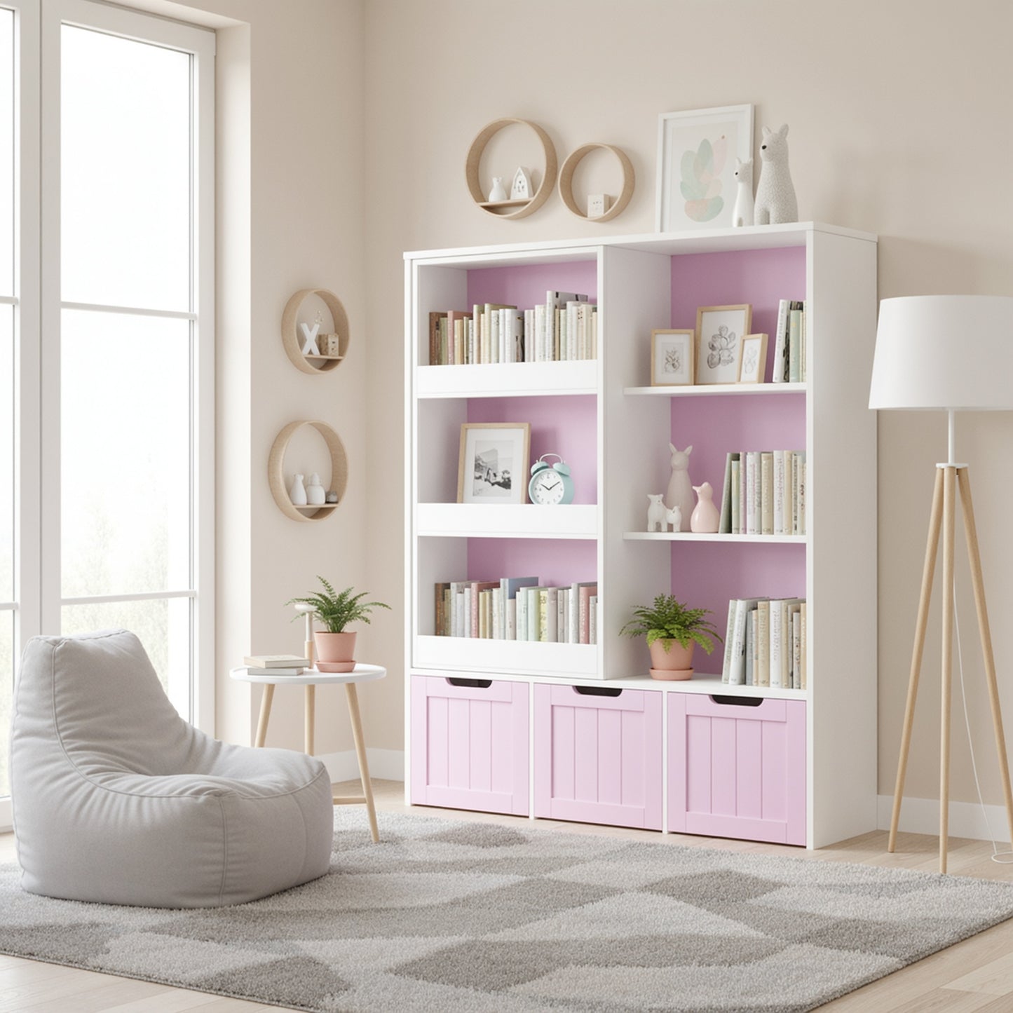 Boekenkast – Boekenrek – Opbergkast – Vakkenkast – Kast met lades – Houten constructie – Wieltjes voor mobiliteit
