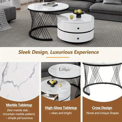 Salontafel Set – Koffietafel Set – Bijzettafel Set – Nestbare Tafels – Ronde Salontafels – Hoogglans Marmerlook – 2 Drawers – 60x60 & 50x50 cm - Wit