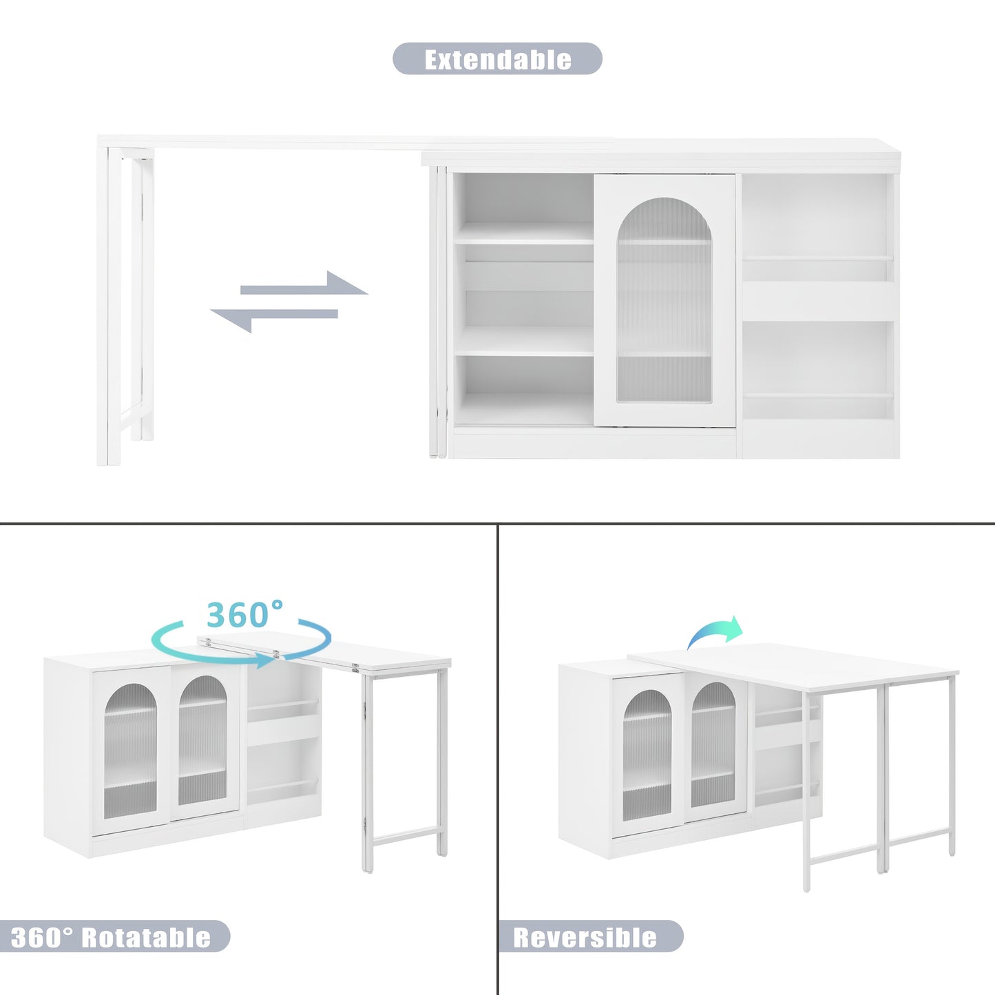 Draaibare Bartafel – Barmeubel – Eettafel – Opbergkast – Keukentafel – 360° Draaibaar – Uitschuifbaar Blad – Wit – Metalen Frame – Glazen Deuren