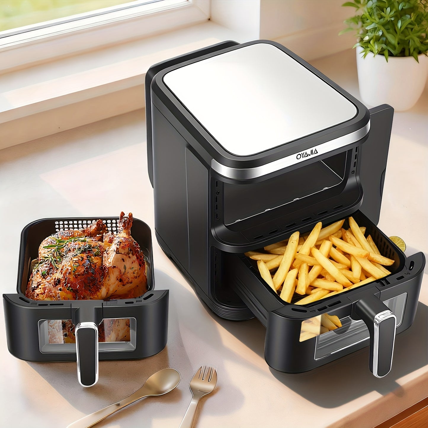 Airfryer – Heteluchtfriteuse – Dubbele Mand – Dubbele Lade – XXL Heteluchtoven – 11L Capaciteit – Verticaal Stapelbaar – PFAS-vrij – 2800W – 10 Kookprogramma’s – Sync & Match Functie
