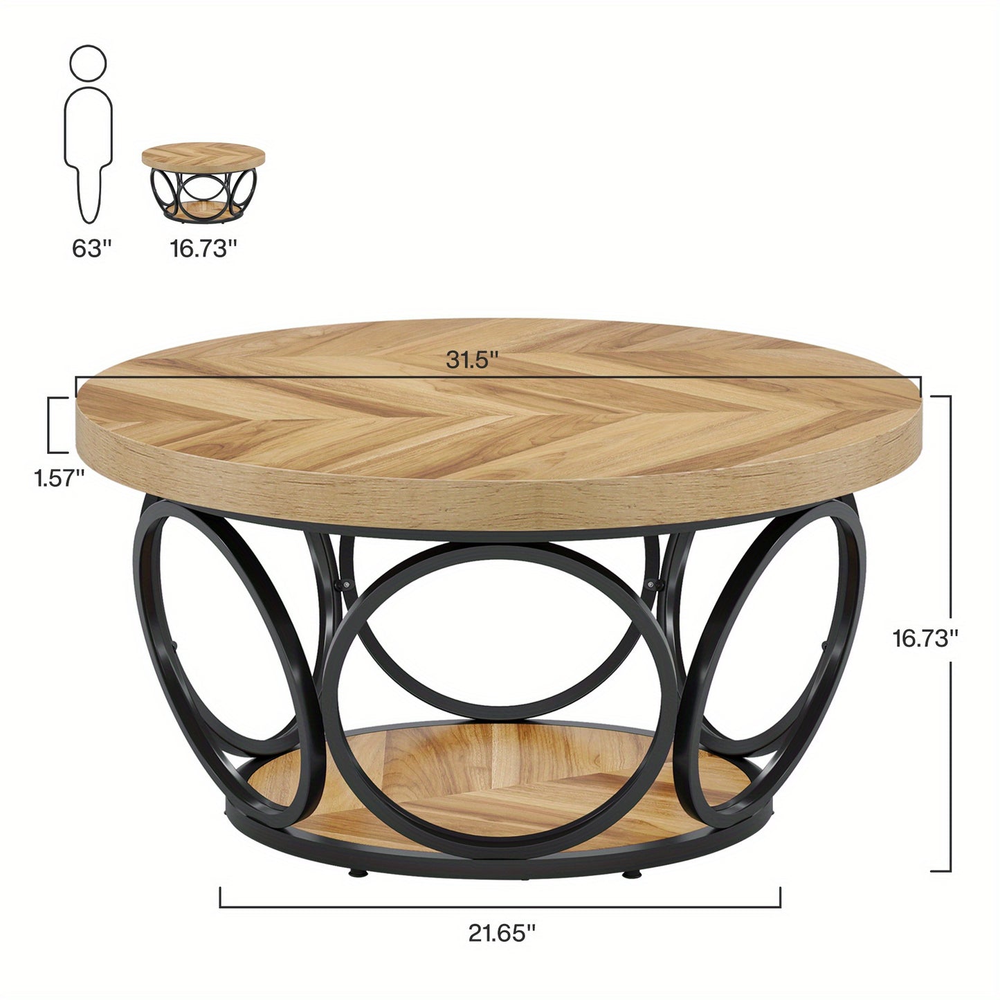 Ronde Salontafel – Houten Tafel – Woonkamertafel – Koffietafel – Opbergtafel – 80 cm Diameter – 2 Lade Niveaus – Natuurlijke Bruin Houtlook