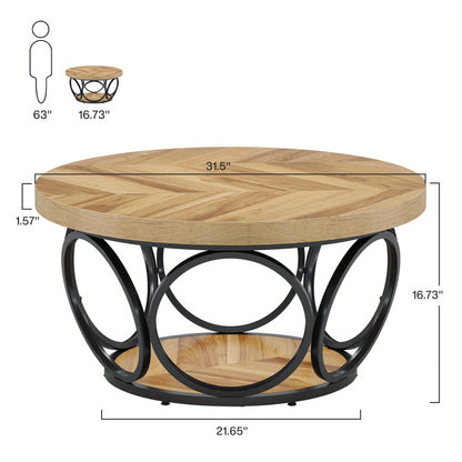 Ronde Salontafel – Houten Tafel – Woonkamertafel – Koffietafel – Opbergtafel – 80 cm Diameter – 2 Lade Niveaus – Natuurlijke Bruin Houtlook