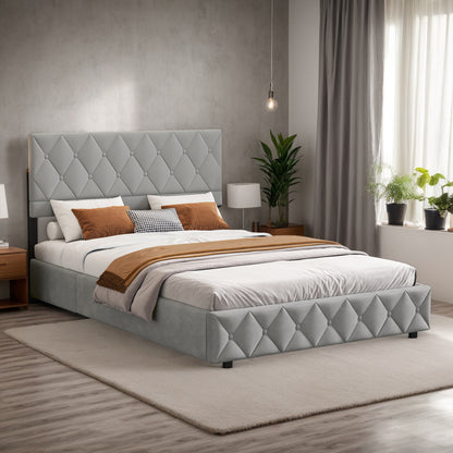 Boxspringbed – Bedframe – Opbergbed – Tweepersoonsbed – Boxspringbedframe – Hydraulische Opbergruimte – Knopen Hoofdbord – Houten Latten 140x200 cm Lichtgrijs