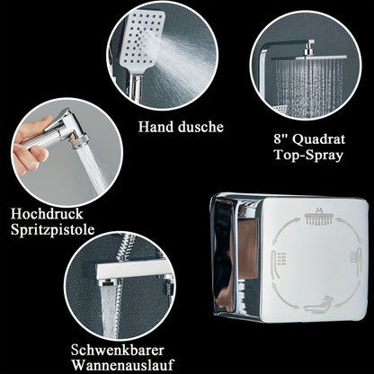 Regendouchesysteem – Douchekraan – Doucheset – Wanddouche – Handdouche – 4-in-1 Functie – Verstelbare Glijstang – Chrome Afwerking – Ingebouwd Opbergrek