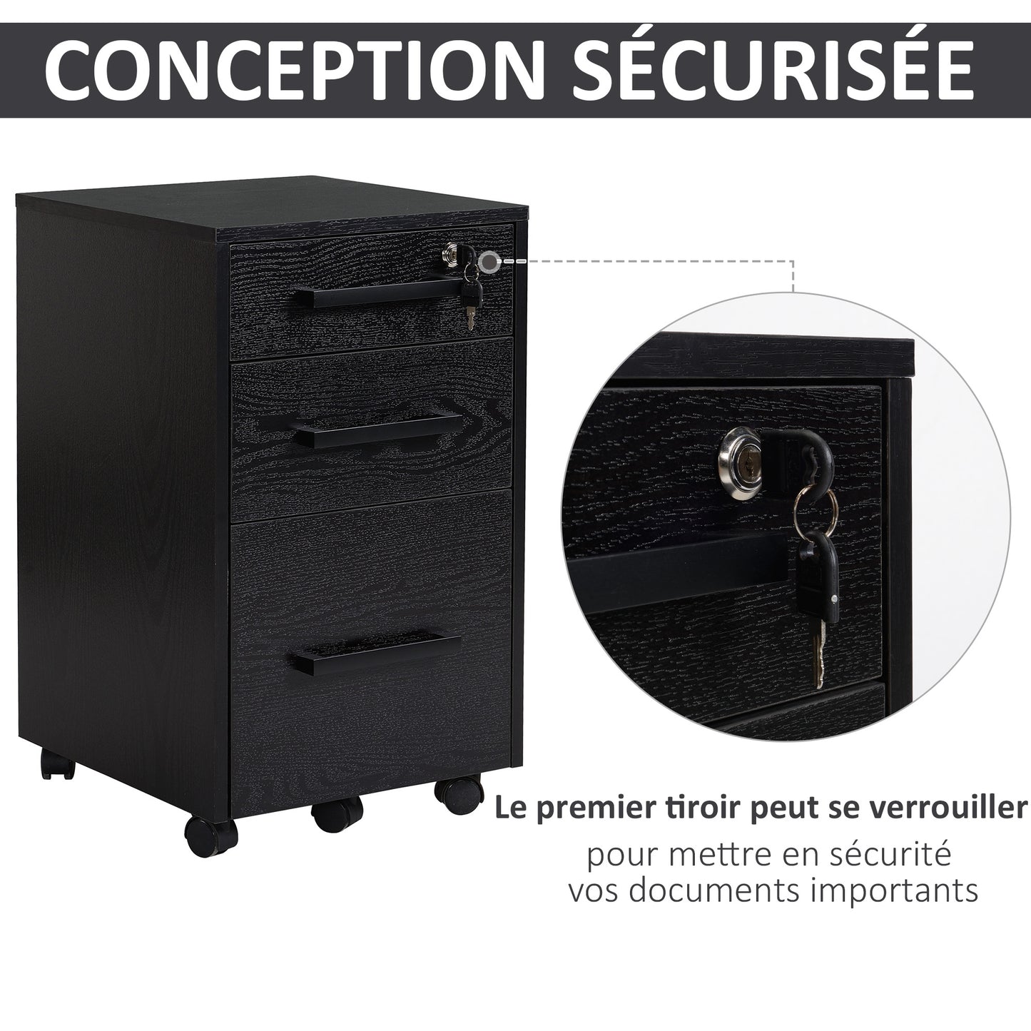 bureaukastje – ladekastje – opbergkast – rolcontainer – bureau-organizer – 3 lades met slot – verrijdbaar met wieltjes – MDF zwart – compact design 39x40x65 cm