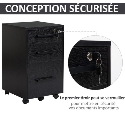 bureaukastje – ladekastje – opbergkast – rolcontainer – bureau-organizer – 3 lades met slot – verrijdbaar met wieltjes – MDF zwart – compact design 39x40x65 cm