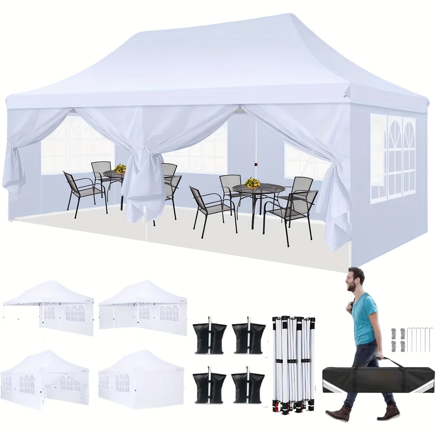 Pop-Up Partytent – Partytent 3x6 Meter – Buitentent – Feesttent – Ruim 18 m² – Stevig Alloy Frame – 6 Afneembare Zijwanden - QUORE