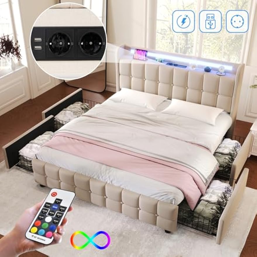 Bedframe – Gestoffeerd Bed – Tweepersoonsbed – Platformbed – Opbergbed – 160x200 cm – Linnen Bekleding – USB Oplaadstation – Verstelbare LED Verlichting