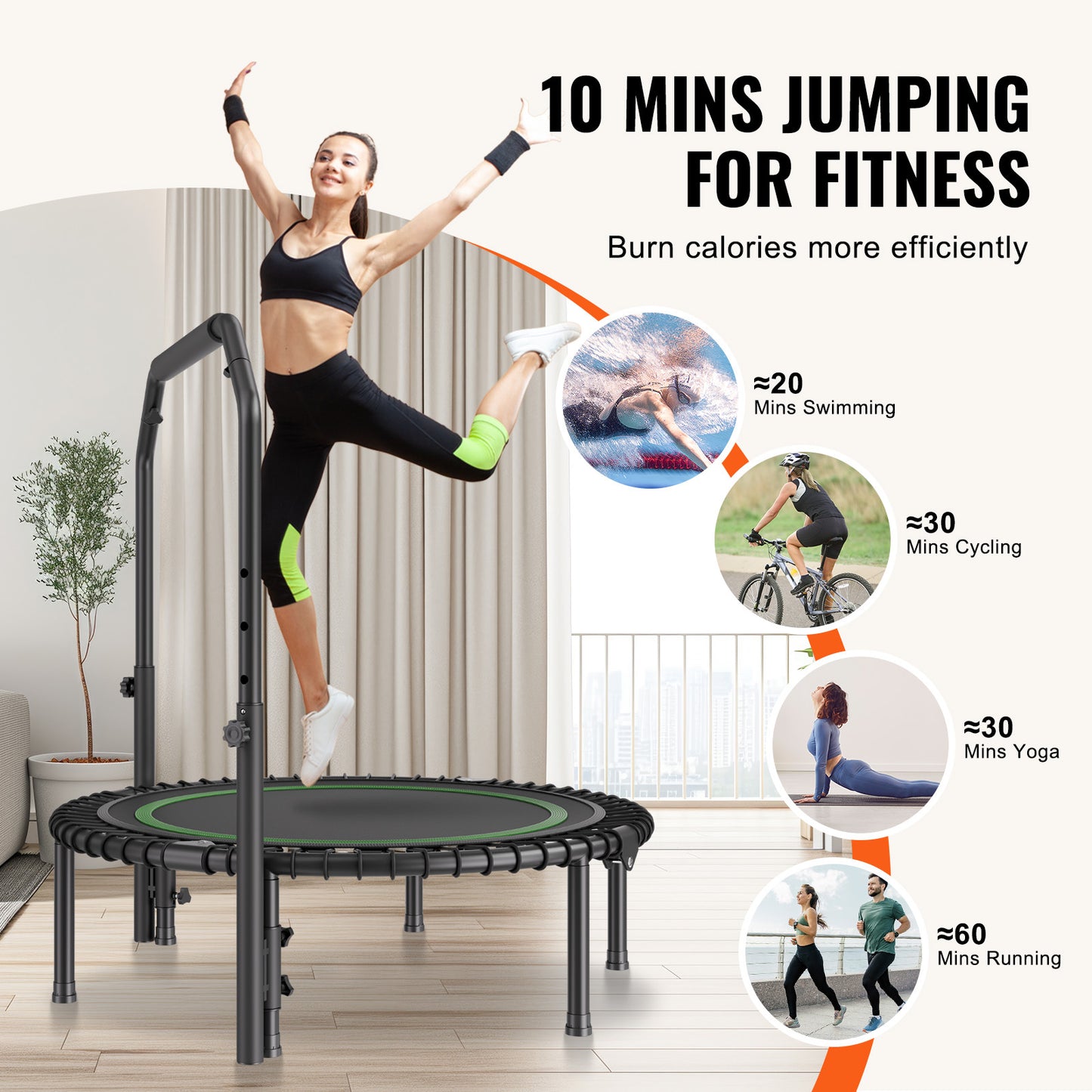 Mini Trampoline – Fitness Trampoline – Springkussen – Rebounder – Opvouwbare Trampoline 40 inch – Verstelbare Handgreep – Stevig Stalen Frame