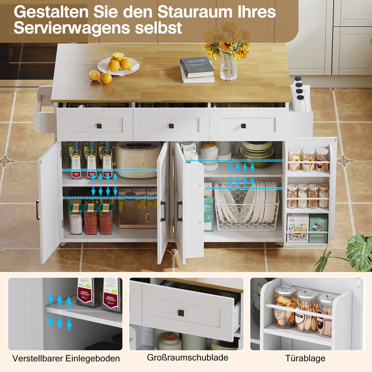 Keukenwagen – Keukentrolley – Keukenkar – Keukenmeubel – Keukenblad – Uitklapbaar Werkblad 70 cm – Witte MDF Mobiele Keukenwagen Met 4 Deuren en 3 Lade
