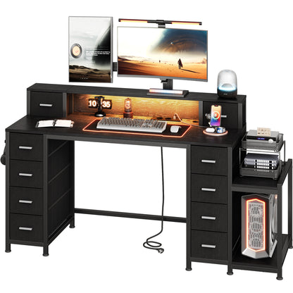 Gamingbureau – Computerbureau – Game Desk – Bureau – Bureautafel – RGB LED Verlichting – 156x48x91,5 cm – 10 Lades Met Monitorstandaard