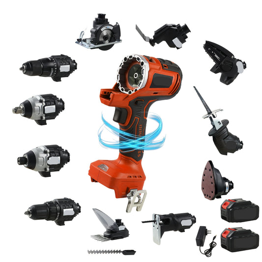 Multitool – Elektrisch Multigereedschap – Accu Zaag – Oscillerende Tool – Draadloze Boormachine – 12-in-1 – 18V Borstelloze Motor – LED Werklicht – Rood - QUORE