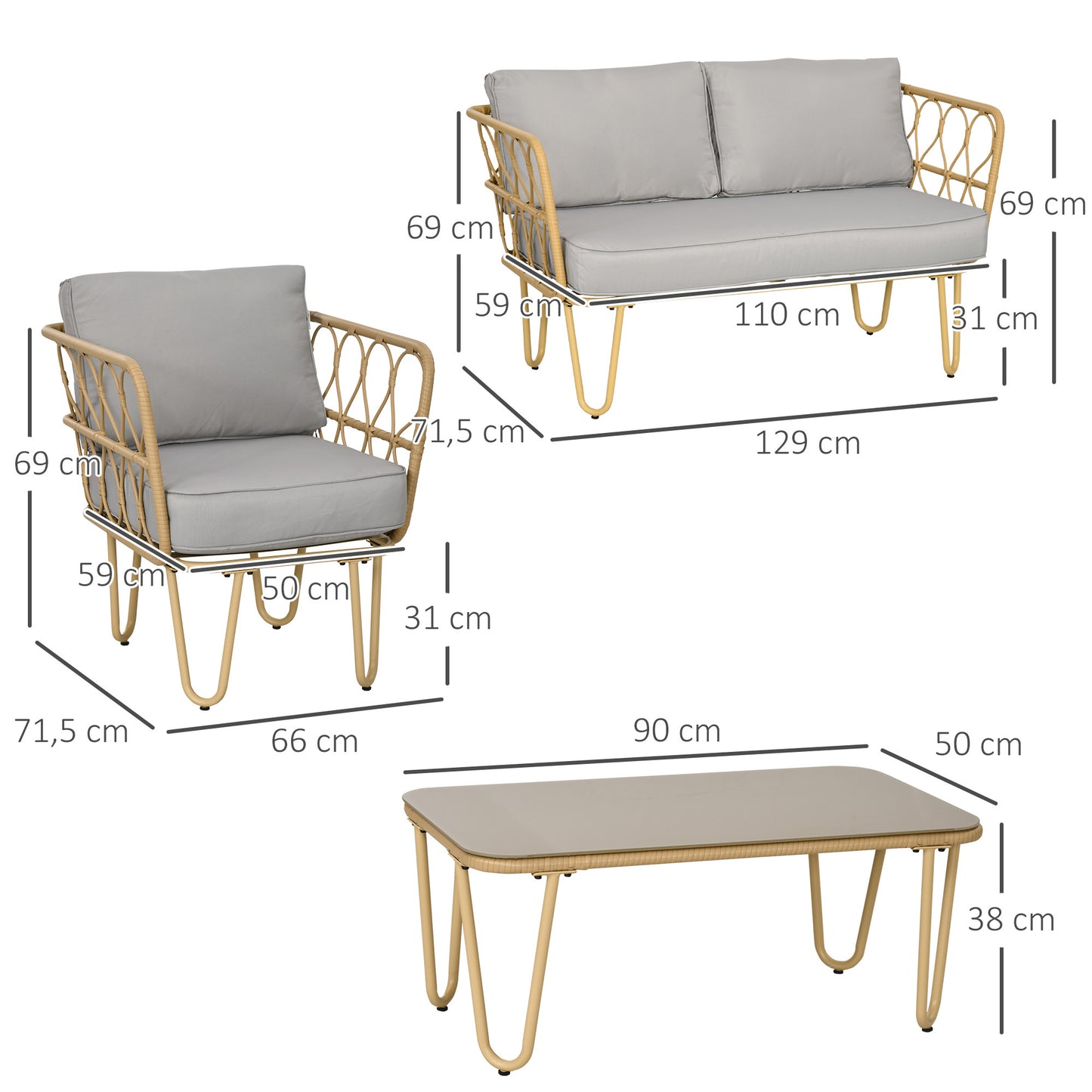 Tuinmeubelset – Tuinbank – Loungeset – Buitenmeubilair – Tuinset 4 Personen – Weerbestendig Metaal – Tempered Glass Tafelblad
