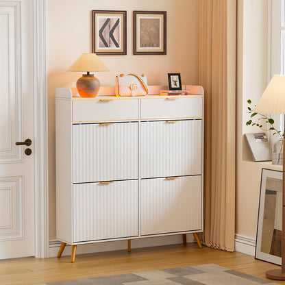 Schoenenkast – Schoenenrek – Schoenenopberger – Halkast – Smalle Kast – 4 Deuren – Glazen Bovenblad – Ruimtebesparend Wit Design