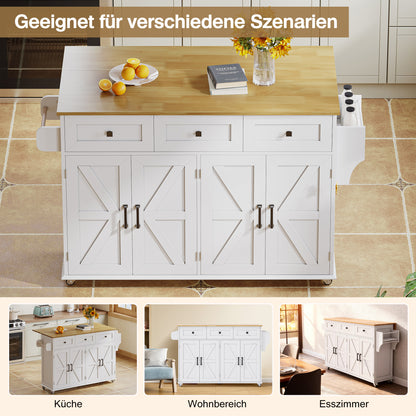 Large Mobile Kitchen Island with Fold-Down Worktop - Heavy-Duty Metal Construction, Lockable Casters, Barn-Style White Finish, 4 Doors, 3 Drawers, Double-Sided Towel Rails & Door Racks - Space-Saving Storage Cabinet for Kitch