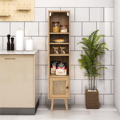 Hoge Kast – Opbergkast – Boekenkast – Kolomkast – Smalle Kast – Rattan Deur – Verstelbare Planken – Massief Hout Oak