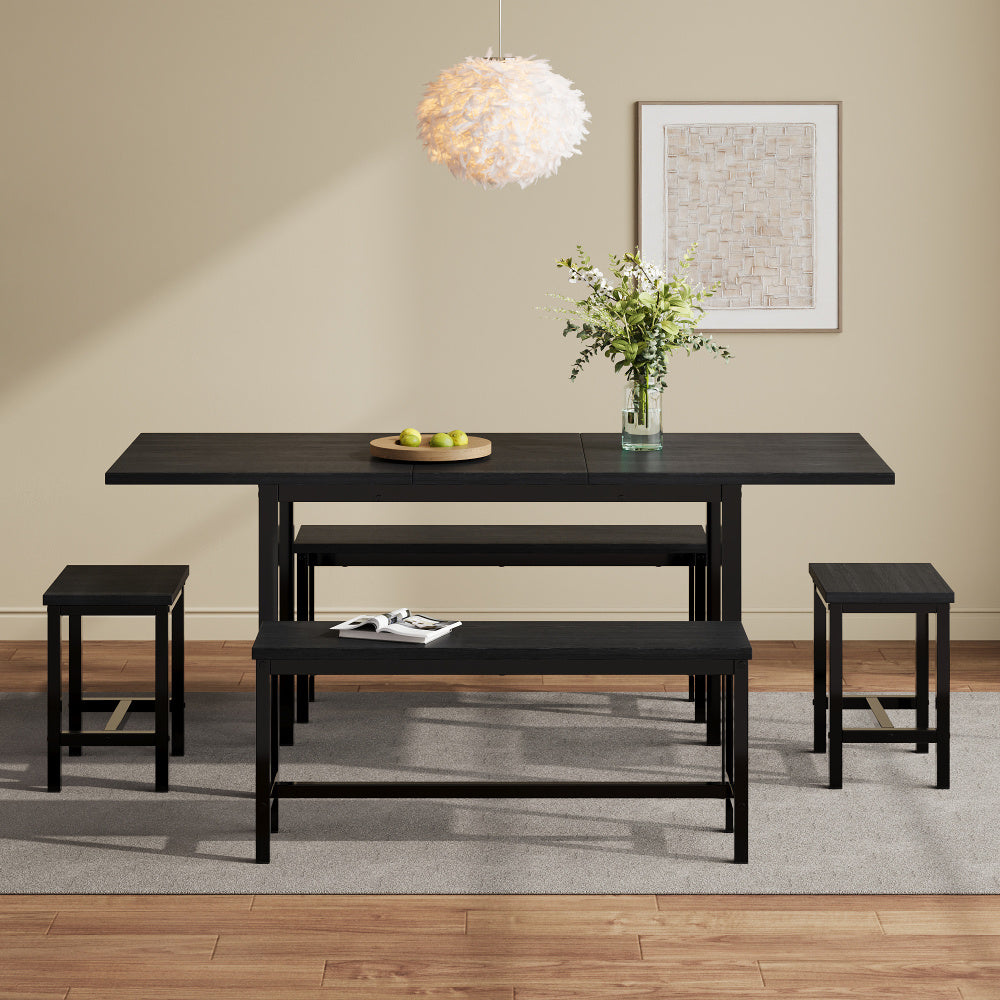 Eettafel Set – Eetkamerset – Keukentafel Set – Zitgroep – Uitschuifbare Tafel – 160x70x75 cm – Inklapbaar – Zwart – Stevig Metalen Frame – Ruimtebesparend Modern Design