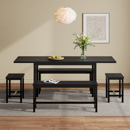 Eettafel Set – Eetkamerset – Keukentafel Set – Zitgroep – Uitschuifbare Tafel – 160x70x75 cm – Inklapbaar – Zwart – Stevig Metalen Frame – Ruimtebesparend Modern Design