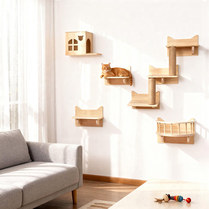 Krabpaal – Kattenboom – Kattenhuis – Kattenmeubel – Klimmeubel – 5-in-1 Muurklimset – Massief Hout – Ruimtebesparend Design