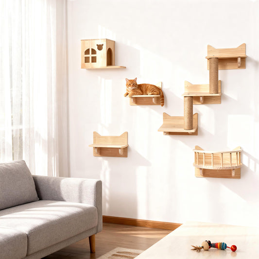 Krabpaal – Kattenboom – Kattenhuis – Kattenmeubel – Klimmeubel – 5-in-1 Muurklimset – Massief Hout – Ruimtebesparend Design