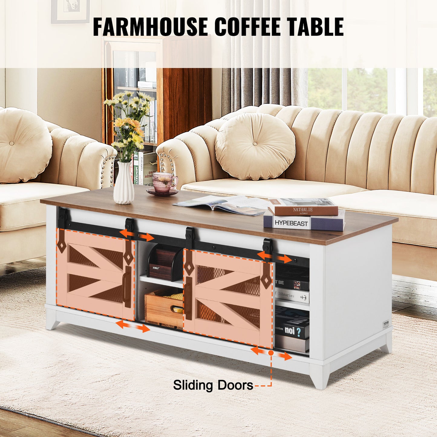 Salontafel – Koffietafel – Woonkamertafel – Bijzettafel – Tafel – 48 inch – Dubbel Blad Met Opbergruimte – Schuifdeuren Met Metalen Mesh