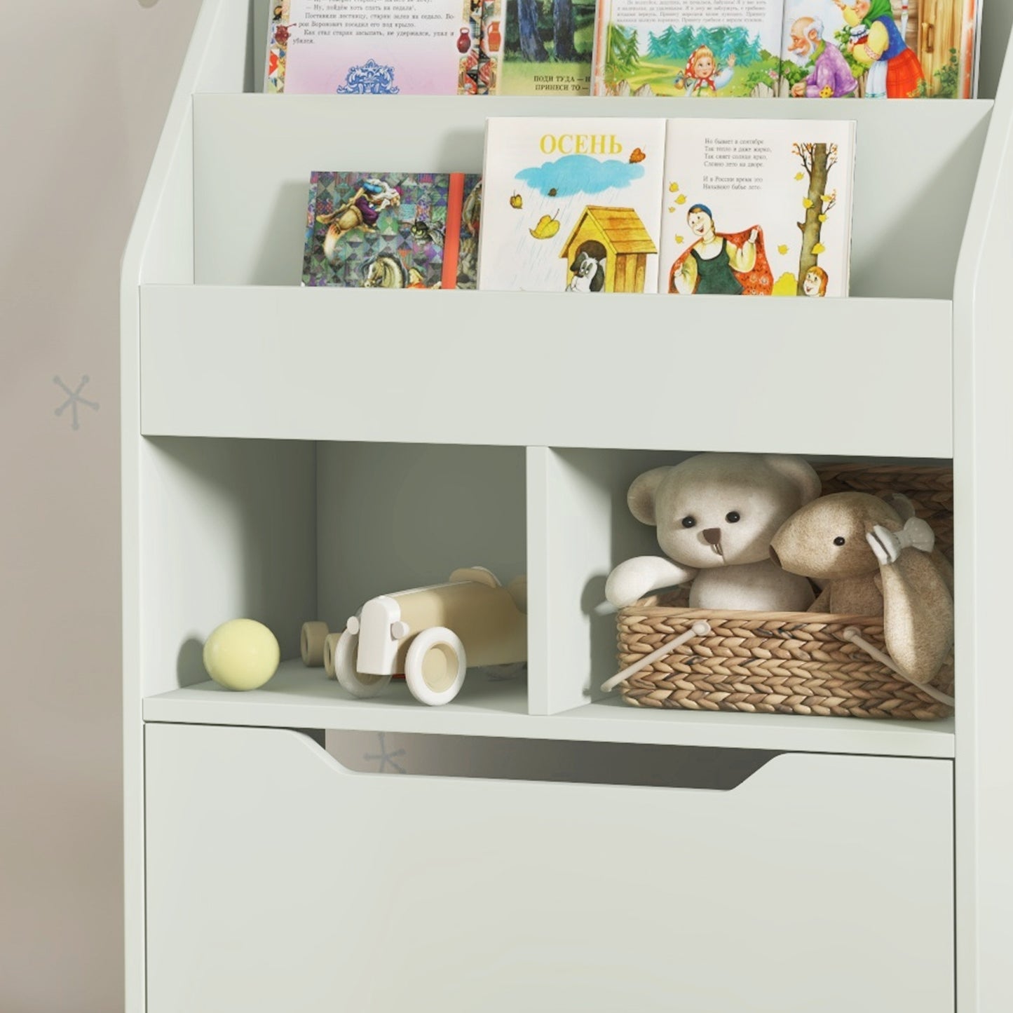 Boekenkast – Boekenrek – Opbergkast – Kastenmeubel – Kinderkast – Lichtgroen – MDF Materiaal – Multifunctionele Indeling met Lade op Wieltjes