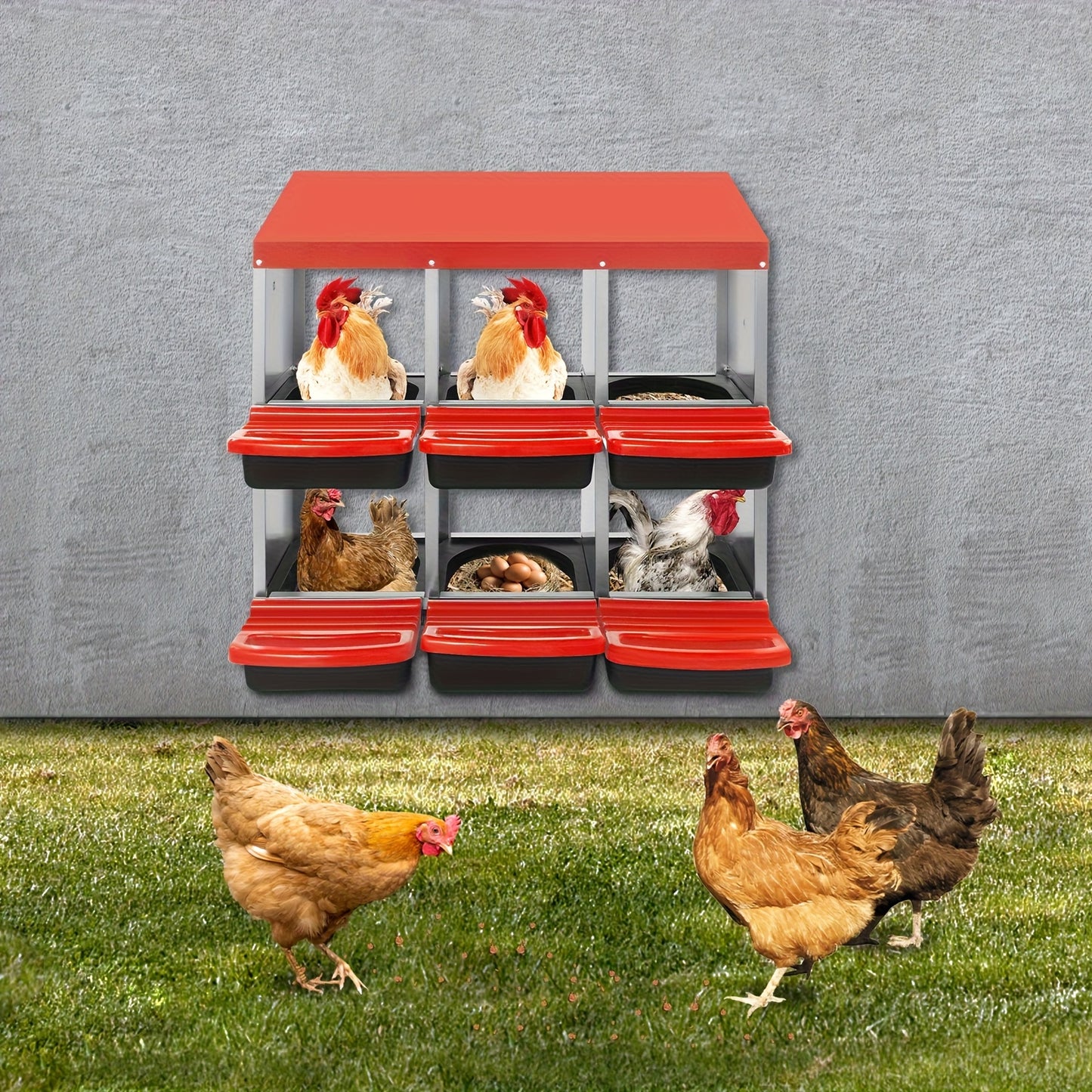 6-Compartment Heavy-Duty Plastic Chicken Nesting Box with Ventilation System & Egg Collection - Red Outdoor/Indoor Egg Laying Station, Easy-Clean Design, No Batteries/Electricity, Durable Weatherproof Construction for Backyar
