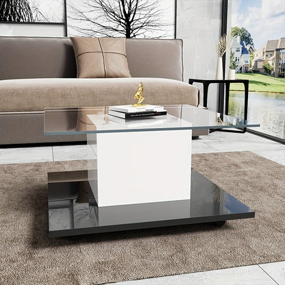 Koffietafel – Salontafel – Bijzettafel – Tafel – Glazen Tafel – Geharde Glazen Blad – Verrijdbaar Met Wieltjes – 80x80x40 cm Hoog