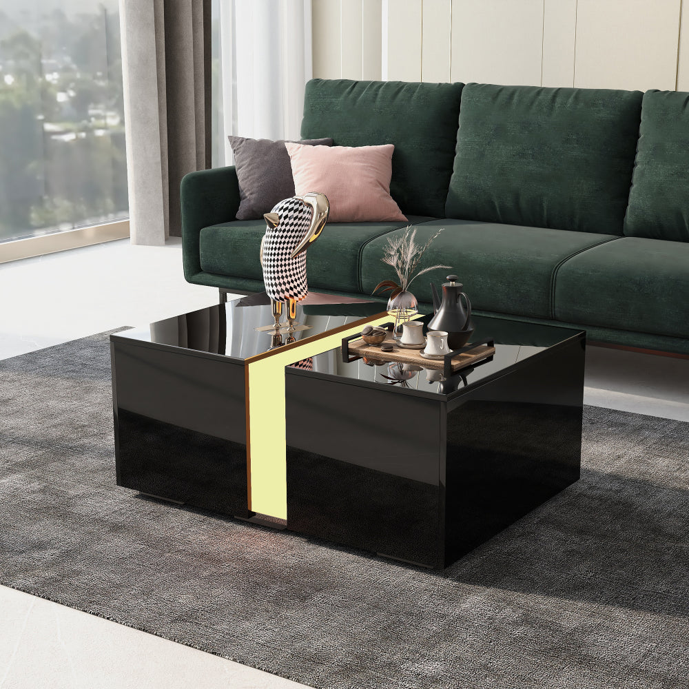 Salontafel – Koffietafel – Woonkamertafel – Bijzettafel – Tafel – Uitschuifbaar – Met Verborgen Opbergruimte – Zwart Metalen Frame – Compact 73x60x34 cm