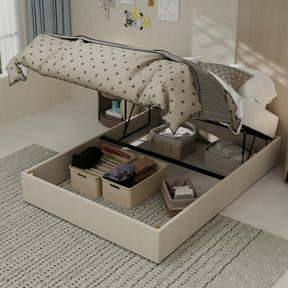 Bedframe – Bedombouw – Slaapbank – Platformbed – Ledikant – Modern Minimalistisch – Beige Velvet Bekleding – Gaslift Opbergruimte