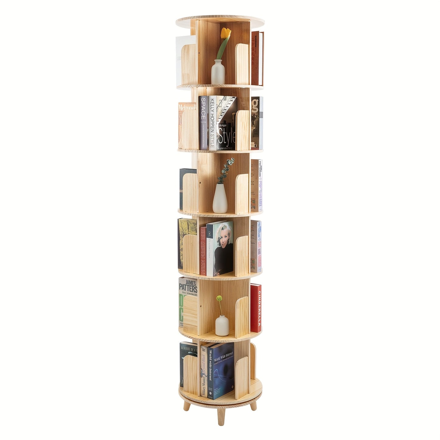 Draaibare Boekenplank – Boekenrek – Boekenkast – Boekenstander – Opbergkast – Grenenhout – 360 Graden Draaibaar – Stevige Metalen Basis