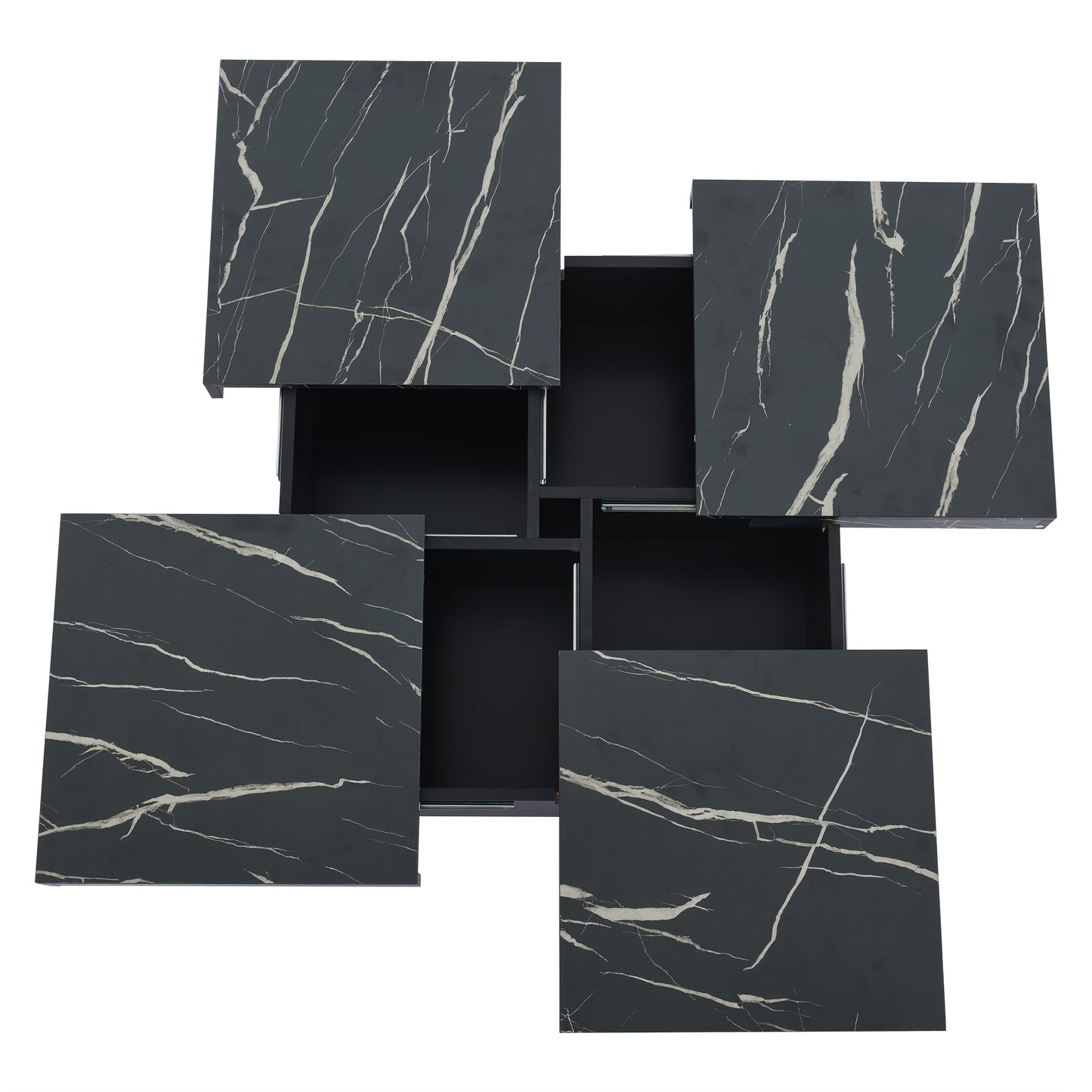 Modern Black Square Coffee Table, Marble Look, 90 X 90 X 25 Cm - Four Drawers, Sliding Tabletop, Load Capacity Up To 30 Kg