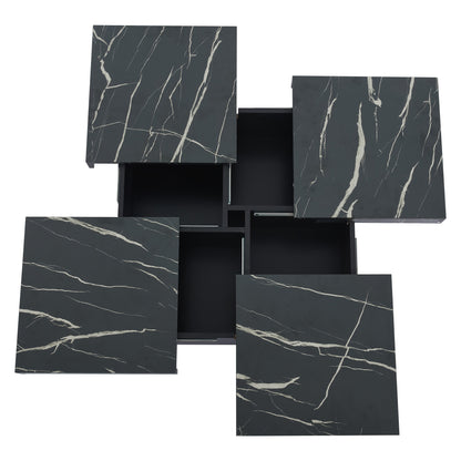 Modern Black Square Coffee Table, Marble Look, 90 X 90 X 25 Cm - Four Drawers, Sliding Tabletop, Load Capacity Up To 30 Kg