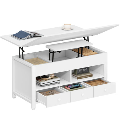 Salontafel – Koffietafel – Woonkamertafel – Opbergtafel – Verstelbare Tafel – 3 Lades & 2 Compartimenten – Hoogte Verstelbaar & Uitklapbaar Als Eettafel – Wit