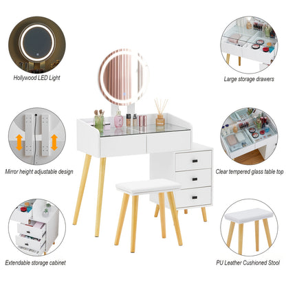 Make-uptafel – Dressing Table – Make-up Bureau – Schminktisch – Vanity Desk – Gehard Glas Blad – Ruime Opberglade – Gevoerde Kruk – Compact Design