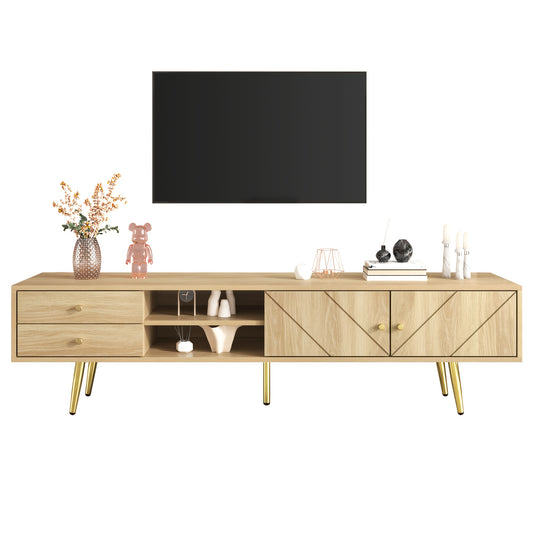 160cm TV Stand with Golden-Tone Metal Legs, 2 Drawers & Unique Door Design - Modern Minimalist Entertainment Center for Living Room, Durable Metal Frame, No Power Needed, Easy Assembly, TV Stand for Living Room, Contemporary