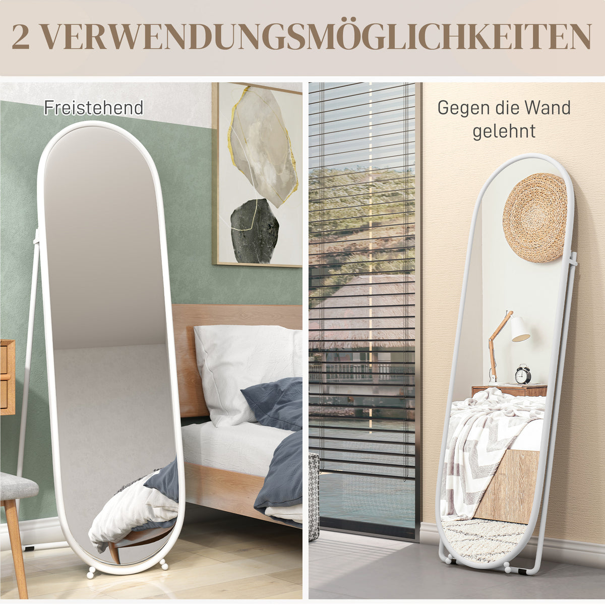 Volledige Lichaam Spiegel – Staande Spiegel – Ovale Spiegel – Vrijstaande Spiegel – Metaal Spiegel – 40x160 cm – Wit Metalen Frame – Ruim Spiegelvlak