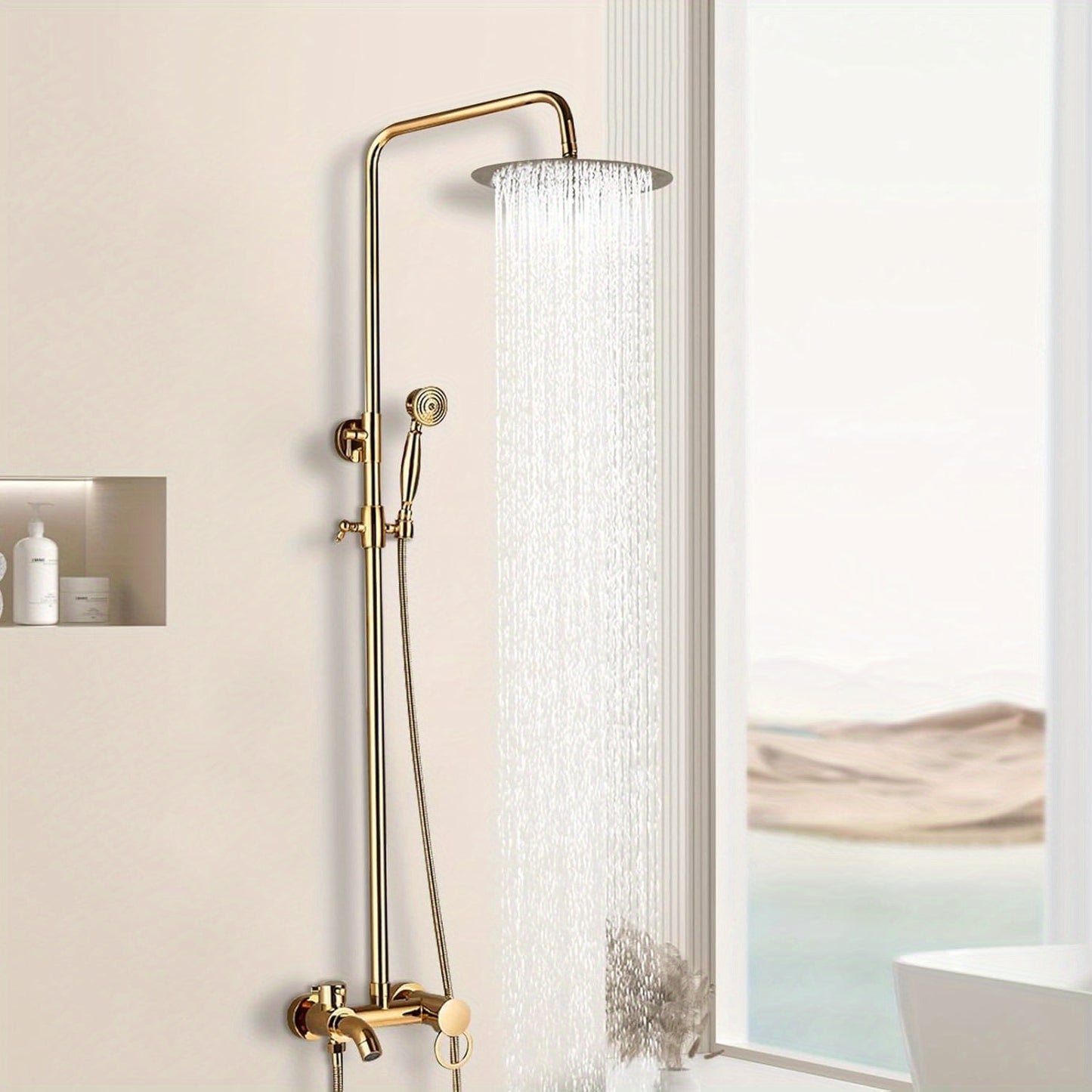 Doucheset – Douchekraan – Douchekop – Douchearm – Wandgemonteerd – Geborsteld Messing – Instelbare Hoogte 80-120 cm