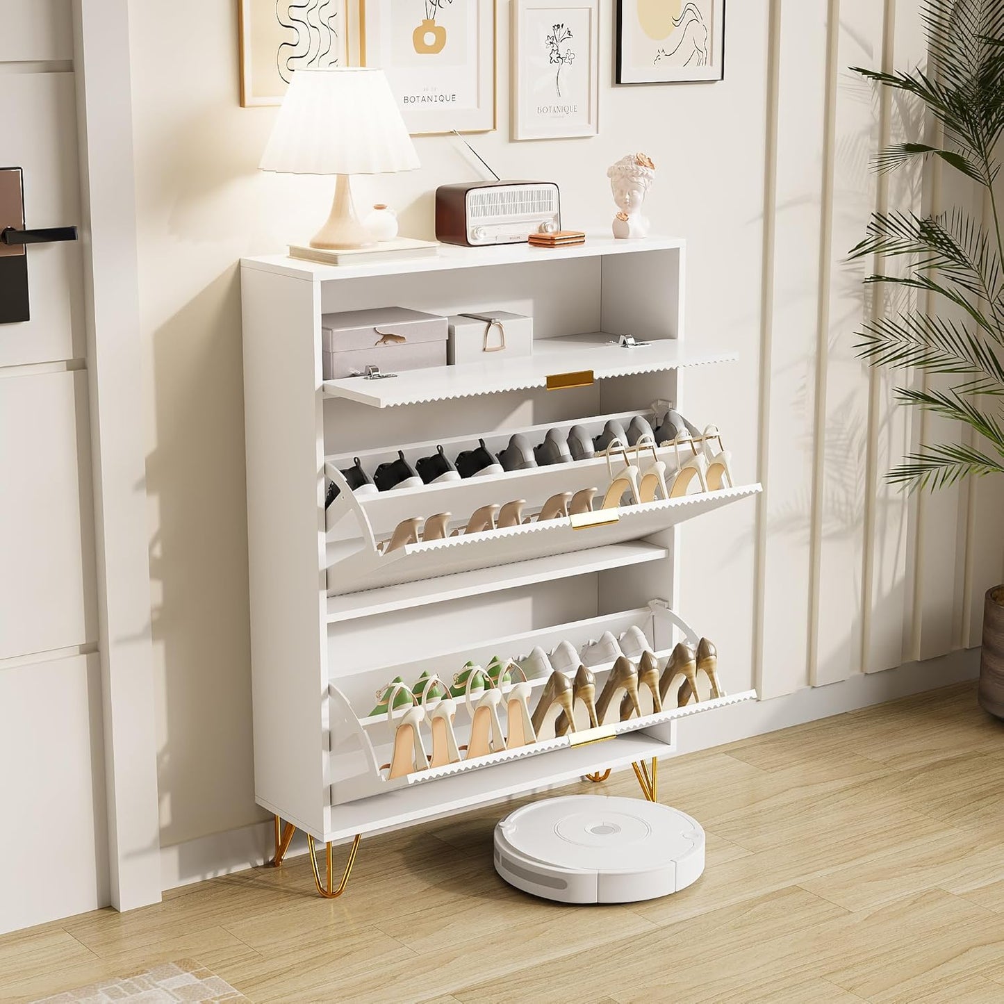 Schoenenkast – Schoenenrek – Schoenenkast – Schoenendressoir – Schoenopberger – 3 Laags – Wit Met Gouden Accenten – 80x24x118,5 cm – Compact En Stijlvol