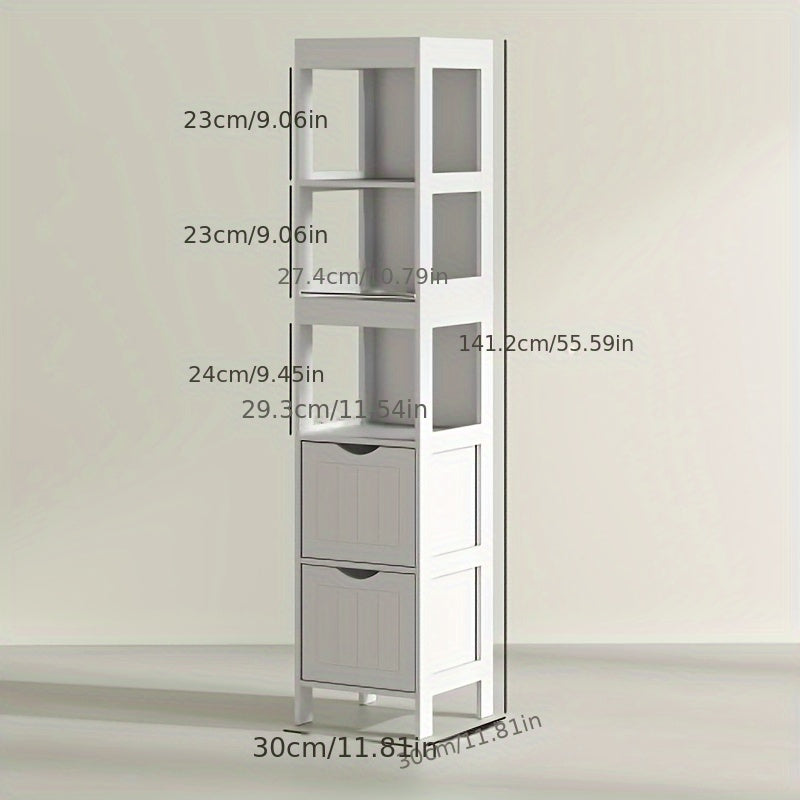 Badkamerkast – Badkamermeubel – Opbergkast – Kolomkast – Wastafelonderkast – Vrijstaand – Bamboe – 2 Lades & 3 Open Vakken – Compact Design – Natuurlijk Wit