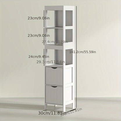 Badkamerkast – Badkamermeubel – Opbergkast – Kolomkast – Wastafelonderkast – Vrijstaand – Bamboe – 2 Lades & 3 Open Vakken – Compact Design – Natuurlijk Wit