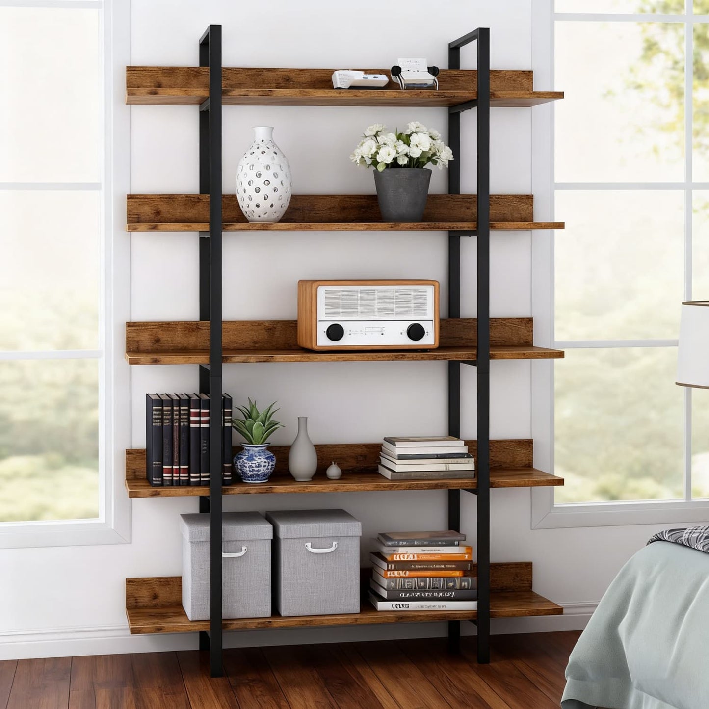 Boekenkast – Boekenrek – Vakkenkast – Opbergkast – Wandkast – Industrieel Design – 5 Laags – Metalen Frame & Houten Planken – 105x33,5x180 cm – Draagkracht 30 kg per Plank
